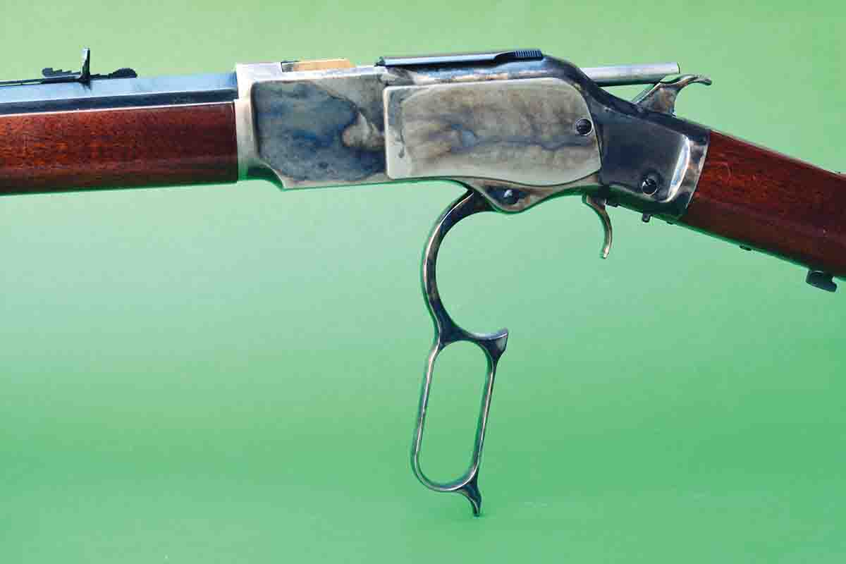 Uberti finger levers rotate off a single screw and are fast to operate, which has made them popular with cowboy competitors.